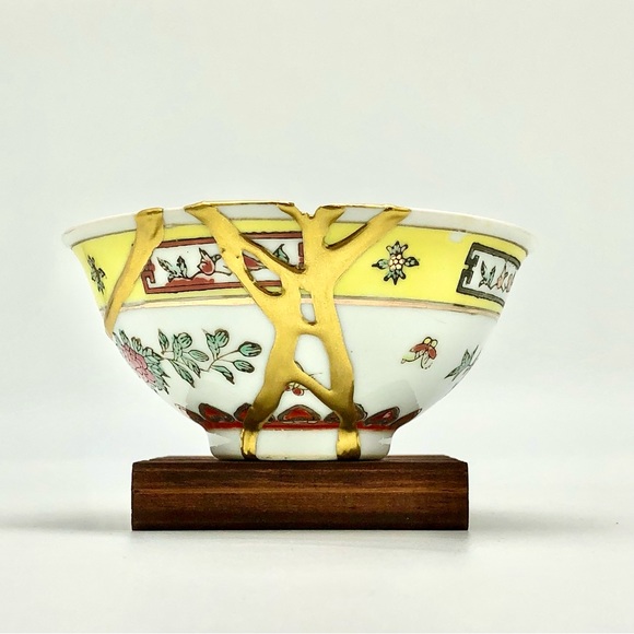 Kintsugi Bowl Chinese Jingdezen Floral Gold Crack Japanese Personal Growth Gift - Picture 8 of 17